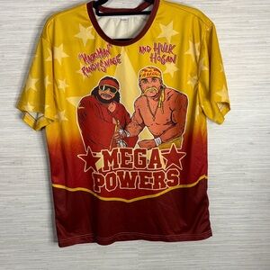 Mega Powers Graphic Short Sleeve Shirt - Yellow/Burgundy Hulk Hogan Macho Man